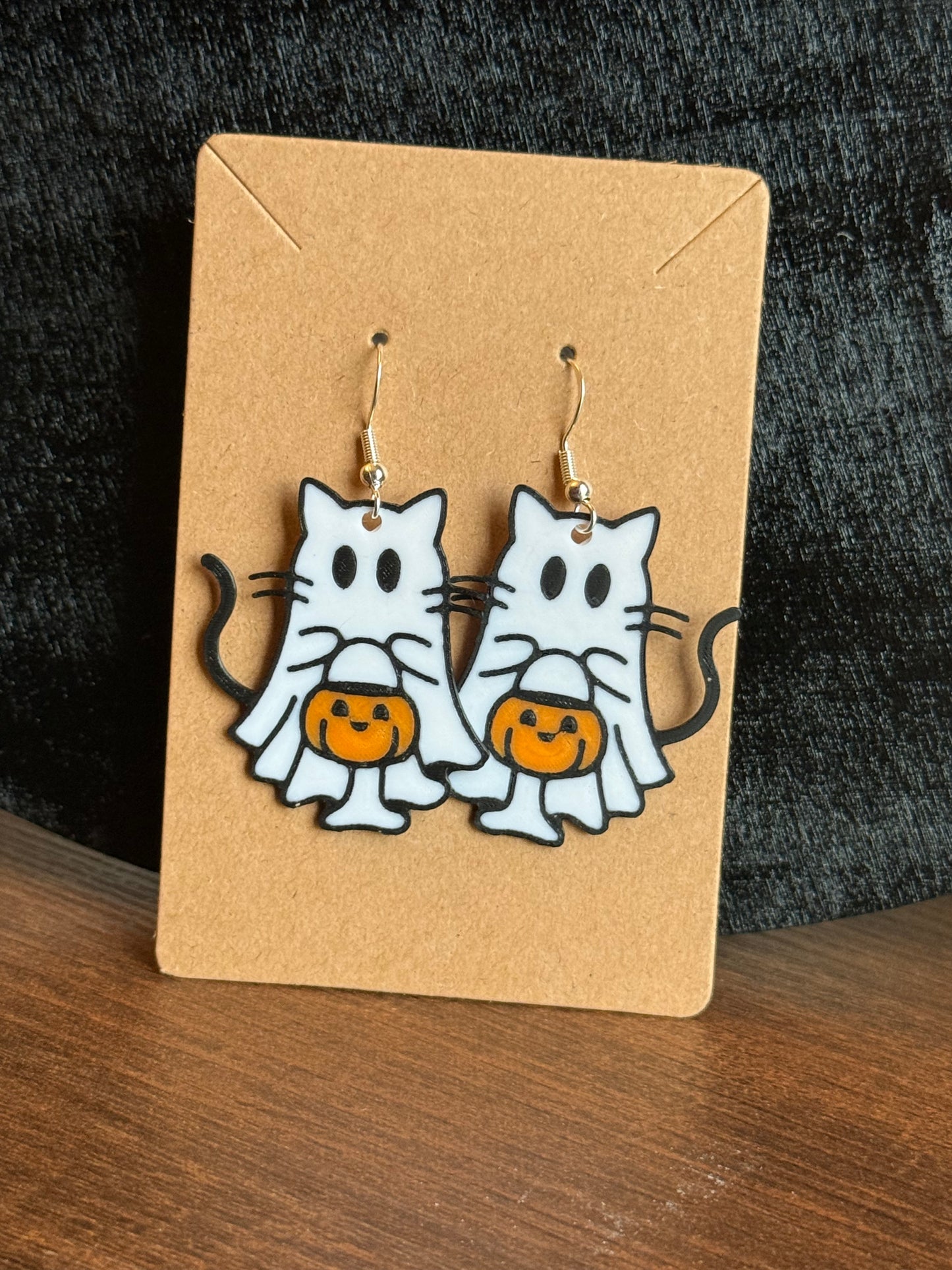 Cat With Trick or Treat Pumpkin Dangly Earrings