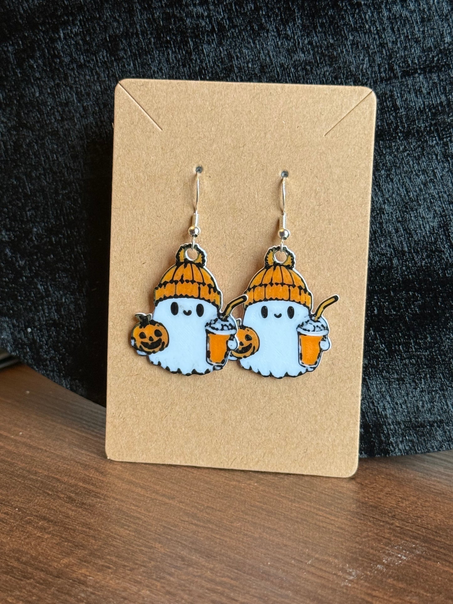 Ghost With Pumpkin And Coffee Dangly Earrings